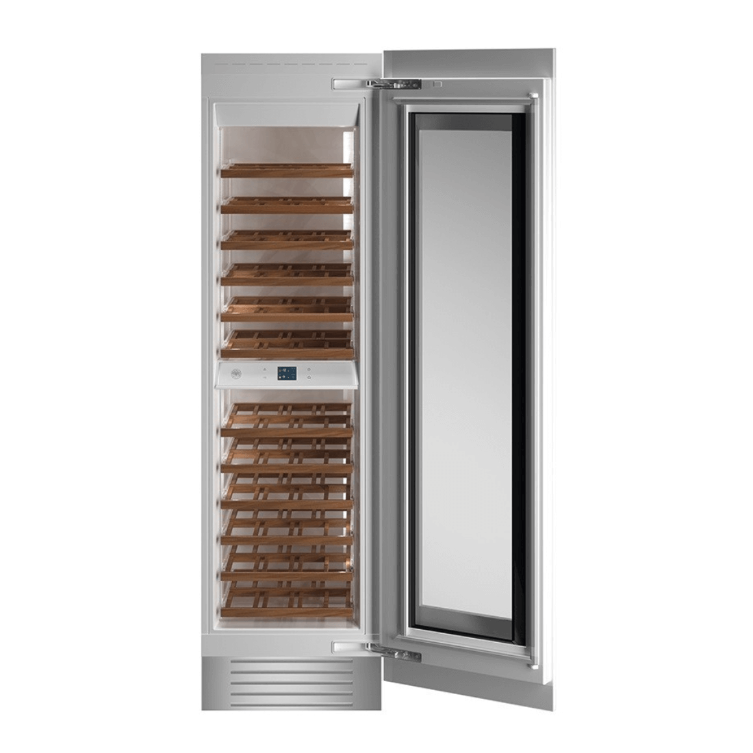 Adega Bertazzoni com portas para revestir, capacidade para 80 garrafas, design sofisticado e tecnologia de preservação de vinho.